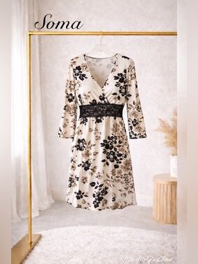 Soma Luxe Floral Modal Nightgown Lace Waist Soft Stretch Sleep Dress L